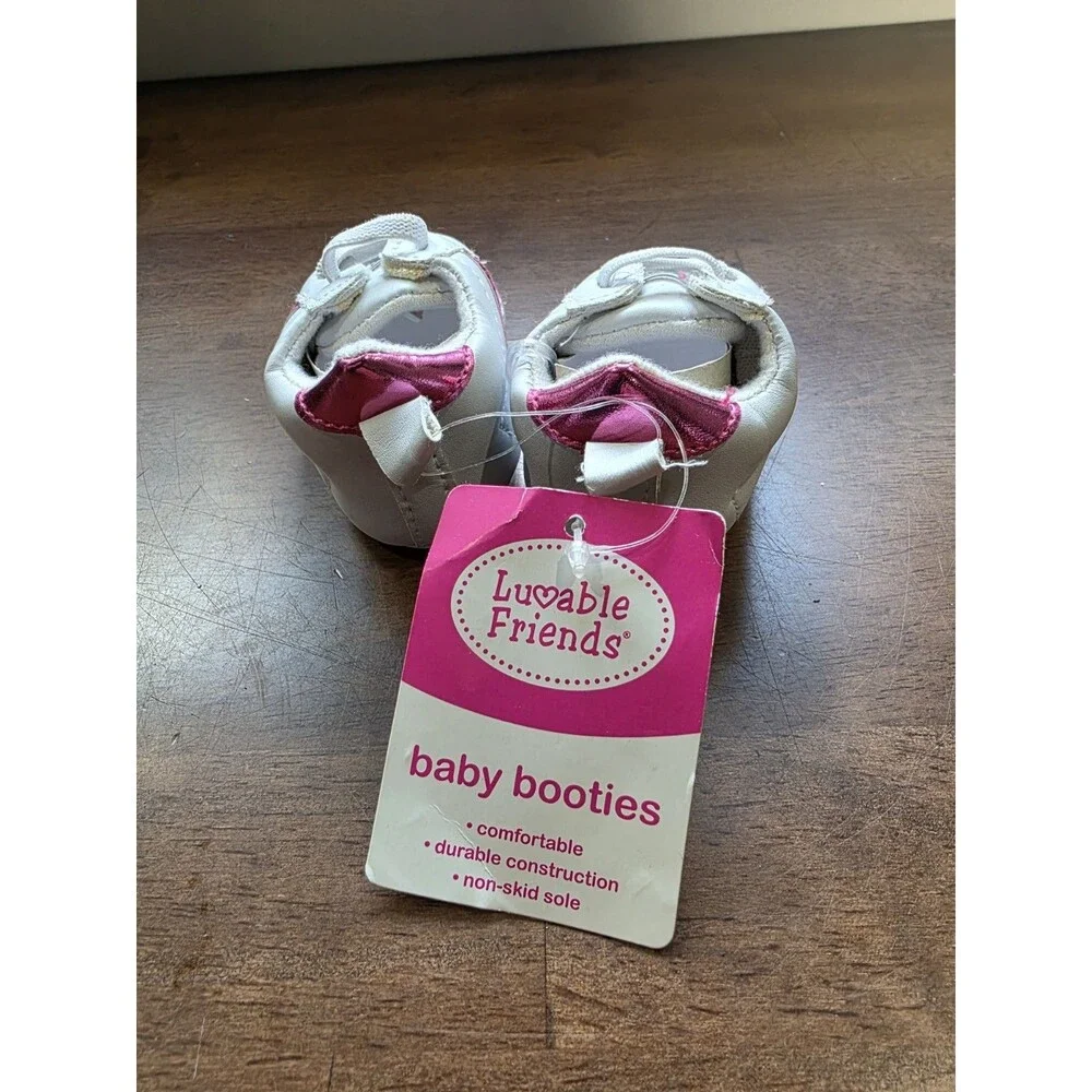 Luvable Friends Baby Girls White Pink Striped Prewalker Crib Shoes Booties 0-6M